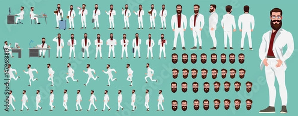 Fototapeta Man Character design. Front, side, back view and explainer animation poses. Character set with lip sync and facial expressions of Happy, angry, sad, Joy with Side walk cycle animation sequence sprite 