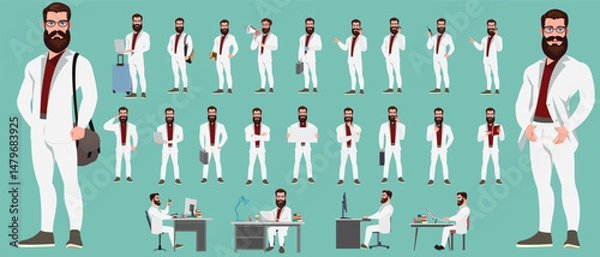 Fototapeta Man Character design. Front, side, back view and explainer animation poses. Character set with lip sync and facial expressions of Happy, angry, sad, Joy with Side walk cycle animation sequence sprite 