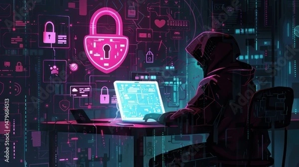 Fototapeta A person in a hoodie uses a laptop in a digital world with security icons and padlocks