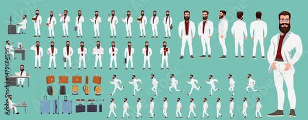 Fototapeta Man Character design. Front, side, back view and explainer animation poses. Character set with lip sync and facial expressions of Happy, angry, sad, Joy with Side walk cycle animation sequence sprite 