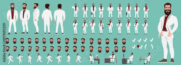Fototapeta Man Character design. Front, side, back view and explainer animation poses. Character set with lip sync and facial expressions of Happy, angry, sad, Joy with Side walk cycle animation sequence sprite 