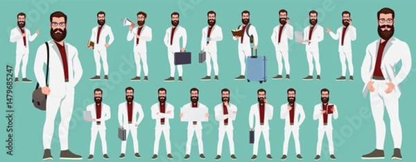 Fototapeta Man Character design. Front, side, back view and explainer animation poses. Character set with lip sync and facial expressions of Happy, angry, sad, Joy with Side walk cycle animation sequence sprite 