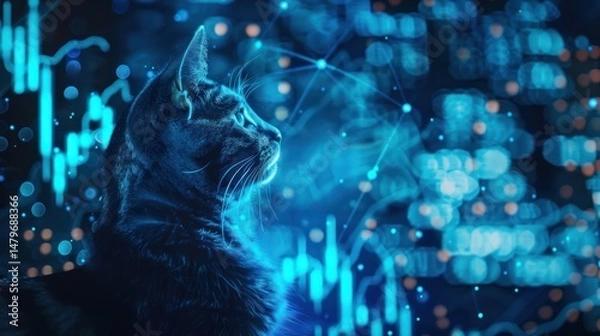 Fototapeta A cat gazes towards the glowing, interconnected network with financial data background