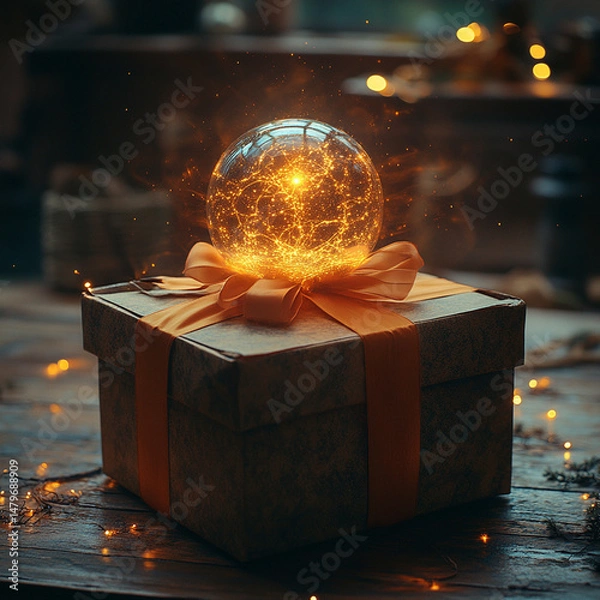 Obraz Close-Up of a Gift Box with Orange Ribbon Unwrapping to Reveal a Glowing Orb of Light – Microphotography with Magical Detail