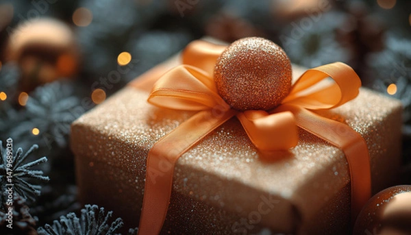 Obraz Close-Up of a Gift Box with Orange Ribbon Unwrapping to Reveal a Glowing Orb of Light – Microphotography with Magical Detail