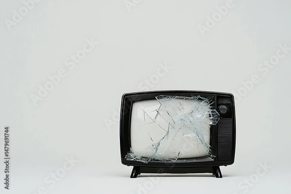 Fototapeta Retro TV with shattered screen on neutral background. Captures damage, obsolescence, and the end of an era, symbolizing technological change.