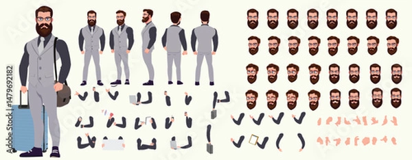 Fototapeta Man Character design. Front, side, back view and explainer animation poses. Character set with lip sync and facial expressions of Happy, angry, sad, Joy with Side walk cycle animation sequence sprite 