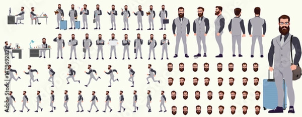 Fototapeta Man Character design. Front, side, back view and explainer animation poses. Character set with lip sync and facial expressions of Happy, angry, sad, Joy with Side walk cycle animation sequence sprite 