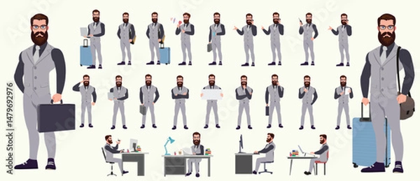 Fototapeta Man Character design. Front, side, back view and explainer animation poses. Character set with lip sync and facial expressions of Happy, angry, sad, Joy with Side walk cycle animation sequence sprite 