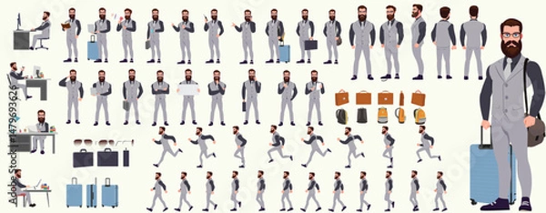 Fototapeta Man Character design. Front, side, back view and explainer animation poses. Character set with lip sync and facial expressions of Happy, angry, sad, Joy with Side walk cycle animation sequence sprite 