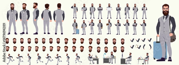Fototapeta Man Character design. Front, side, back view and explainer animation poses. Character set with lip sync and facial expressions of Happy, angry, sad, Joy with Side walk cycle animation sequence sprite 