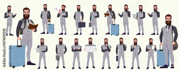 Fototapeta Man Character design. Front, side, back view and explainer animation poses. Character set with lip sync and facial expressions of Happy, angry, sad, Joy with Side walk cycle animation sequence sprite 
