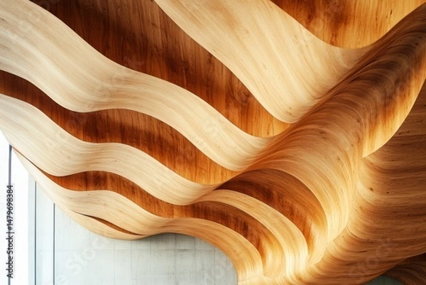 Obraz Flowing wooden forms create a ceiling display that resembles gentle waves, weaving a narrative of elegance and innovative architectural design.