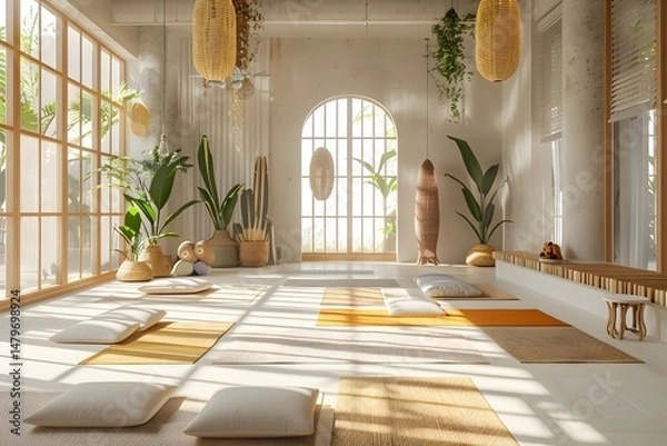 Obraz Interior of a bright and airy yoga studio with mats and props ready for class wellness space