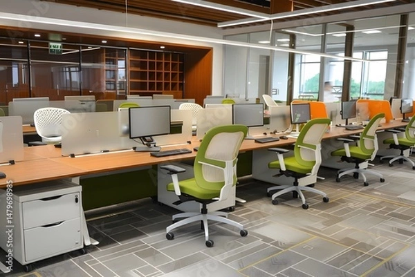 Obraz Modern office interior with ergonomic chairs and spacious desks promoting productivity