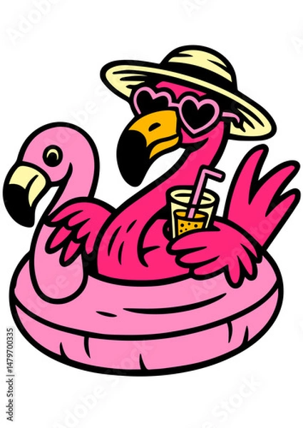 Fototapeta Cartoon flamingo relaxing in a floatie with a drink, summer beach vacation illustration, fun animal character