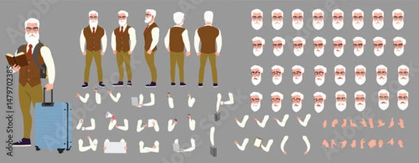 Fototapeta Man Character design. Front, side, back view and explainer animation poses. Character set with lip sync and facial expressions of Happy, angry, sad, Joy with Side walk cycle animation sequence sprite 