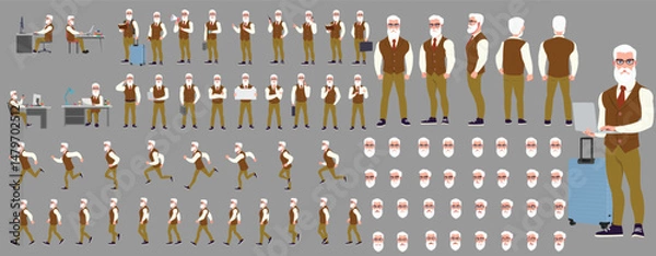 Fototapeta Man Character design. Front, side, back view and explainer animation poses. Character set with lip sync and facial expressions of Happy, angry, sad, Joy with Side walk cycle animation sequence sprite 