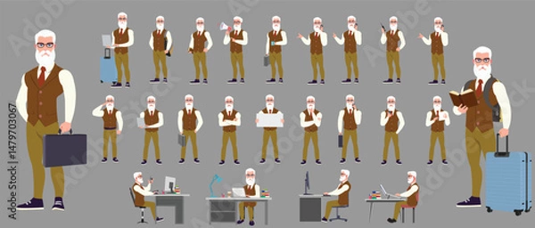 Fototapeta Man Character design. Front, side, back view and explainer animation poses. Character set with lip sync and facial expressions of Happy, angry, sad, Joy with Side walk cycle animation sequence sprite 