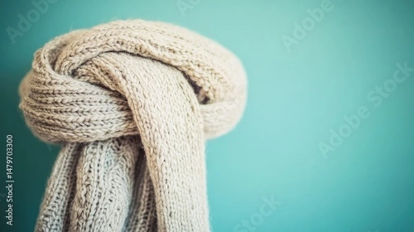 Obraz Knitted scarf tied in a knot against a teal wall