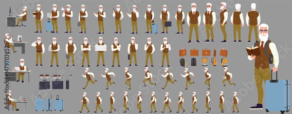 Fototapeta Man Character design. Front, side, back view and explainer animation poses. Character set with lip sync and facial expressions of Happy, angry, sad, Joy with Side walk cycle animation sequence sprite 