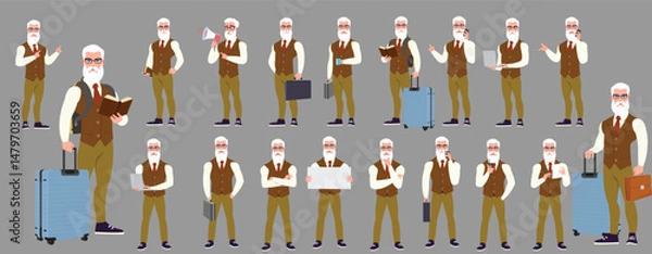 Fototapeta Man Character design. Front, side, back view and explainer animation poses. Character set with lip sync and facial expressions of Happy, angry, sad, Joy with Side walk cycle animation sequence sprite 