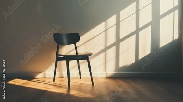 Fototapeta A minimalist black chair in a dimly lit room, highlighted by dramatic shadows and natural light streaming through the window.