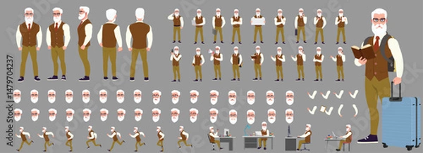 Fototapeta Man Character design. Front, side, back view and explainer animation poses. Character set with lip sync and facial expressions of Happy, angry, sad, Joy with Side walk cycle animation sequence sprite 