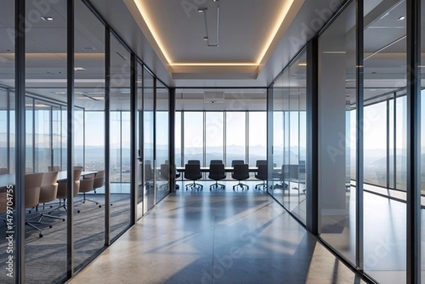 Fototapeta Spacious Modern Office Corridor with 3D Perspective and Large Glass Windows Overlooking Boardroom