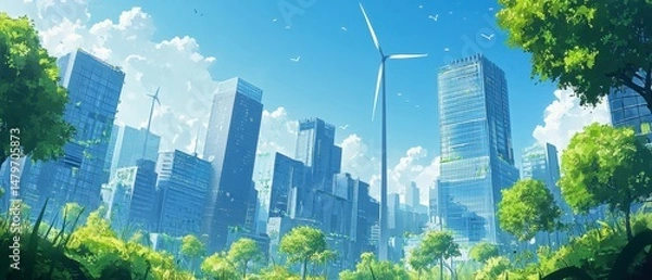 Fototapeta Eco-Friendly Cityscape Green Buildings, Trees, and Wind Turbines for Sustainable Urban Development.