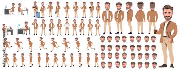 Fototapeta Man Character design. Front, side, back view and explainer animation poses. Character set with lip sync and facial expressions of Happy, angry, sad, Joy with Side walk cycle animation sequence sprite 