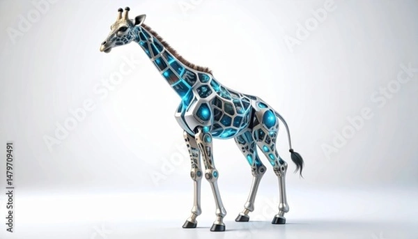 Fototapeta Mechanical Giraffe With Luminous Blue Design On White Background