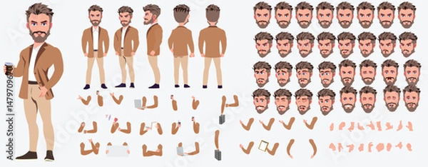 Fototapeta Man Character design. Front, side, back view and explainer animation poses. Character set with lip sync and facial expressions of Happy, angry, sad, Joy with Side walk cycle animation sequence sprite 
