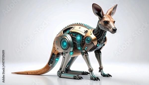 Fototapeta Mechanical Kangaroo  Gold And Blue Robotic Animal In 3D Illustration