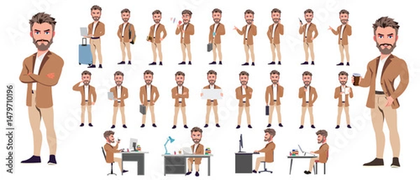 Fototapeta Man Character design. Front, side, back view and explainer animation poses. Character set with lip sync and facial expressions of Happy, angry, sad, Joy with Side walk cycle animation sequence sprite 
