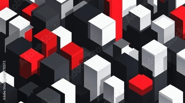 Fototapeta render, background, illustration, Abstract 3D Isometric Cube Pattern in Red, Black & White