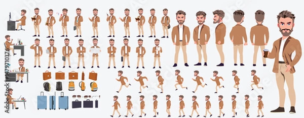 Fototapeta Man Character design. Front, side, back view and explainer animation poses. Character set with lip sync and facial expressions of Happy, angry, sad, Joy with Side walk cycle animation sequence sprite 