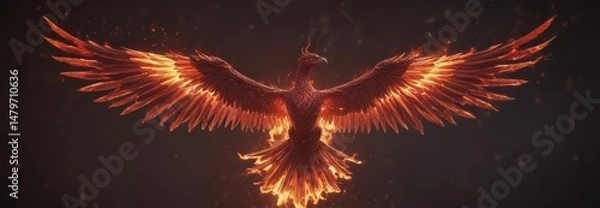 Fototapeta Crimson flames form a phoenix, wings outstretched, cosmic backdrop,  firebird,  red