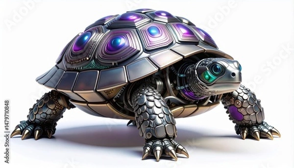 Fototapeta Metallic Robotic Turtle With Purple Accents On White Background