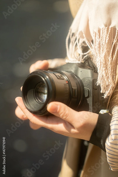 Fototapeta woman traveler holds a camera in her hands while standing on the shore of the mountain lake. Close up