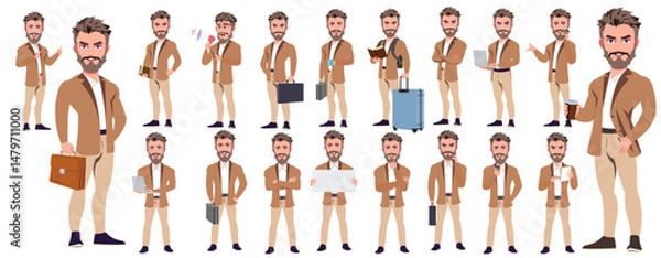 Fototapeta Man Character design. Front, side, back view and explainer animation poses. Character set with lip sync and facial expressions of Happy, angry, sad, Joy with Side walk cycle animation sequence sprite 