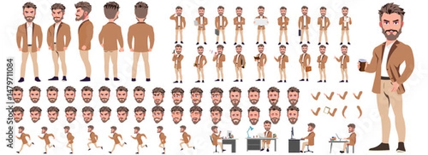 Fototapeta Man Character design. Front, side, back view and explainer animation poses. Character set with lip sync and facial expressions of Happy, angry, sad, Joy with Side walk cycle animation sequence sprite 