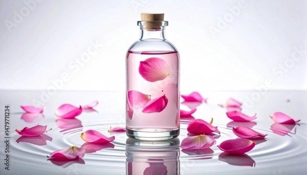 Fototapeta Pink Flower Petals In Glass Bottle On Reflective Surface