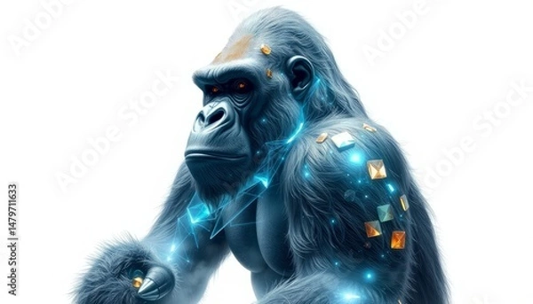 Fototapeta Powerful Enhanced Ape Digital Art with Luminous Blue Crystals