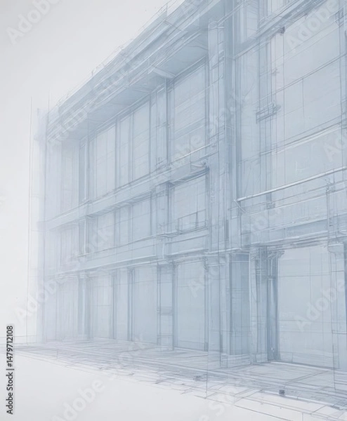 Fototapeta Faded blue architectural blueprint lines on white  Digital blueprint photo effect ,  style,  print,  antique