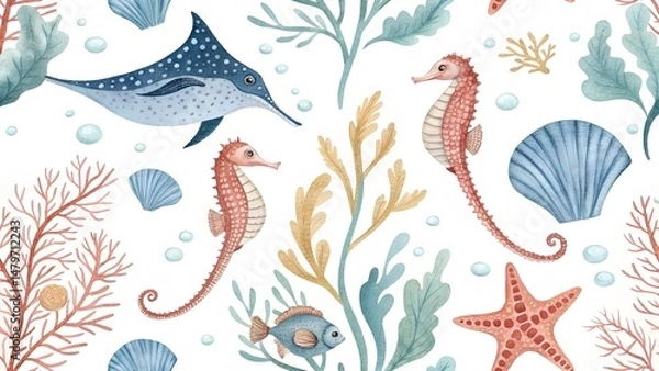 Fototapeta watercolor seamless pattern seahorse stingray seas