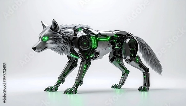 Fototapeta Robotic Canine Luminous Green Mechanical Joints On Gray Metal Body Against