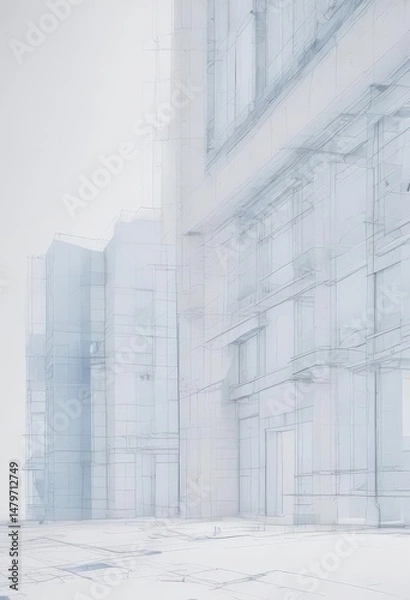 Fototapeta Faded blue architectural blueprint lines on white background ,  digital,  background
