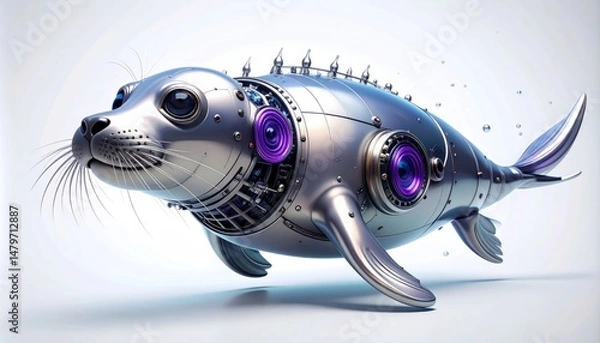 Fototapeta Robotic Seal Pup With Metallic Body And Purple Accents On White Background