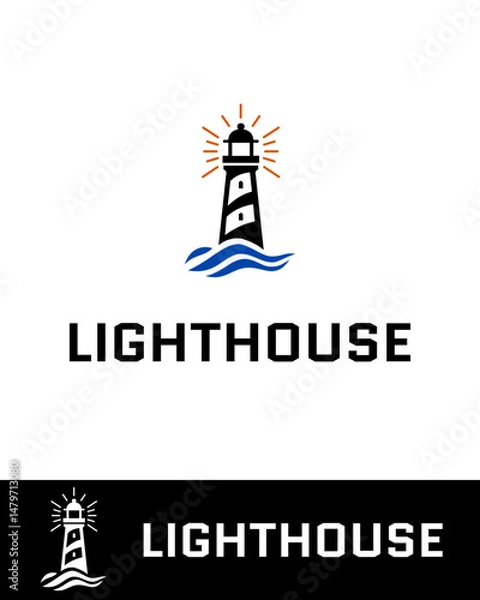 Fototapeta Lighthouse logo design featuring a stylized tower with radiating light and ocean waves, symbolizing guidance, safety, navigation, and maritime themes
